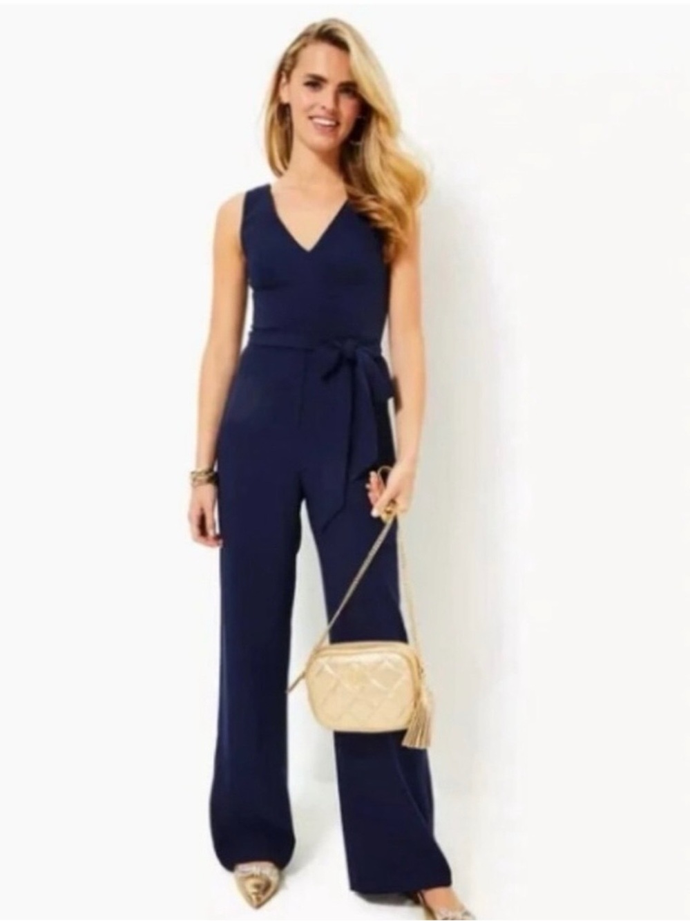 Lilly Pulitzer Jannah W/Bonus Jumpsuit in Navy EUC + Bonus Gold Arta Belt NWT